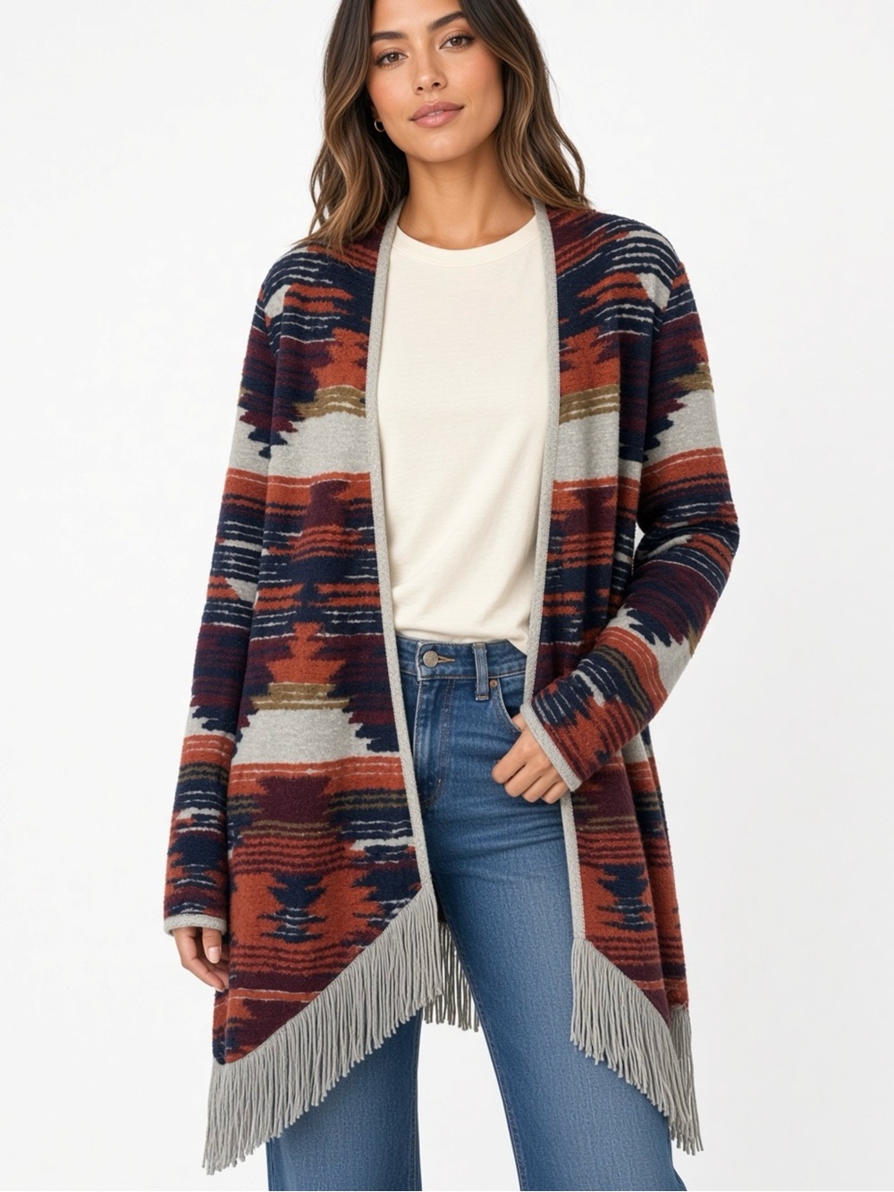 Open-Front Fringe Hem Aztec Lucky  Brand Cardigan Sweater - Rust Multi